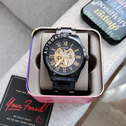 Reloj Fossil Extensible Metálico Automatico Bq2092 Correa Negro Bisel Negro Fondo Dorado