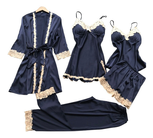 Imagen 7 de 8 de Pijama 5 Pz Satin Bata Camison Pantalon Blusa Short Azul