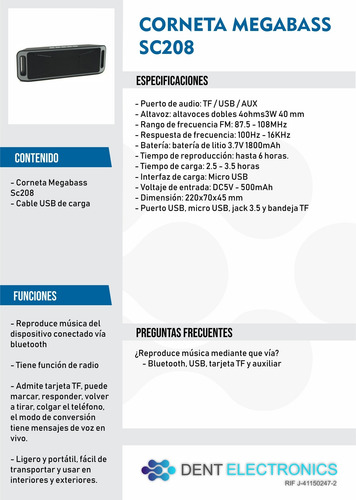 Corneta Sc208 Megabass Altavoz Speake Bluetooth Pendrive Sd
