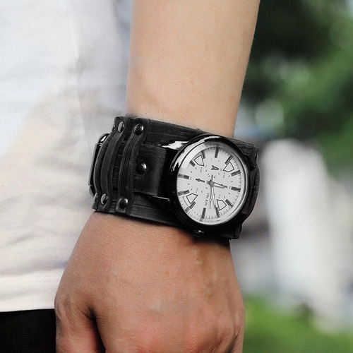 2 Uds., Reloj Con Puntero Punk Retro, Correa Ancha De Cuero,