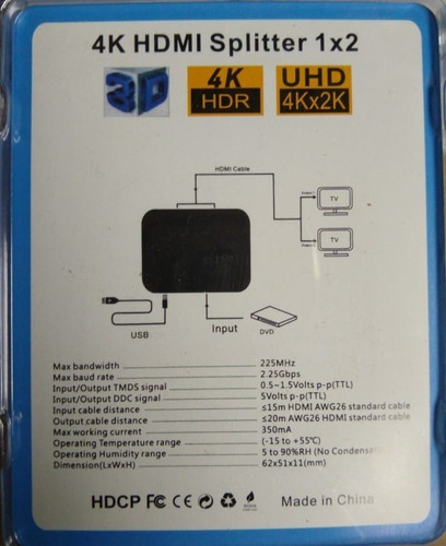 Splitter Hdmi Activo 1x2 Tv Led Lcd 3d 1080p Full Hd 4k X 2k