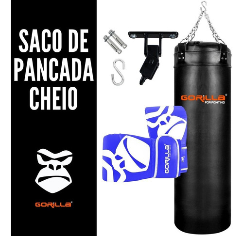 Saco De Pancada 120 Cheio + Luva Pro + Suporte Gorilla Cor Azul