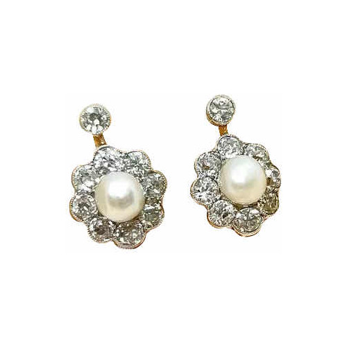 Aros Oro 18k Perla Diamantes Brillante Bizantino Art Deco