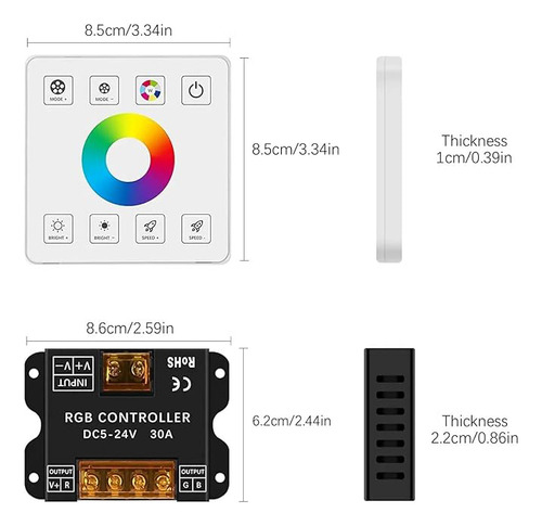 Controlador Rgb Rf De 5v - 24v 30a Para Tiras 5050 3528 2835. Con Mando Inalámbrico Y Panel Táctil Inteligente, Toque Sensible. Regula La Intensidad.