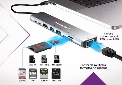 Imagen 7 de 10 de Adaptador Usb C Macbook Pro Air Hub Hdmi 4k Lan Rj45 8 En 1