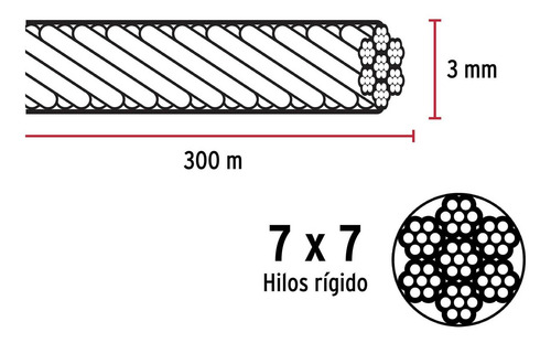 Cable Rígido 1/8' Acero 7x7 Recubierto Pvc, Carrete De 300 M