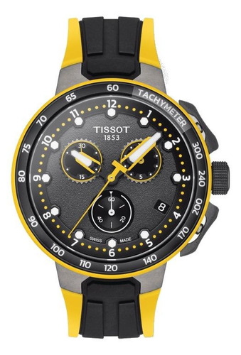 Reloj de pulsera Tissot Special Collections T-race cycling de cuerpo color gris, analógico, para hombre, fondo negro, con correa de silicona color negro y amarillo, agujas color amarillo y blanco, dial blanco, subesferas color negro y amarillo y blanco, minutero/segundero amarillo, bisel color negro y amarillo y hebilla simple