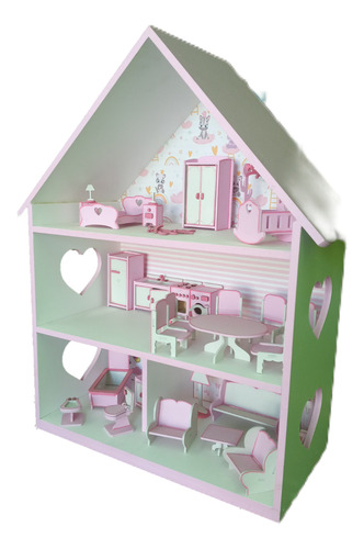 Casa Casita Muñecas + Muebles Pintada Fibro 9mm Rosa
