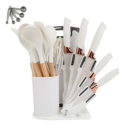 Kit 19 Utensílios De Cozinha Com Cabo De Madeira E Silicone