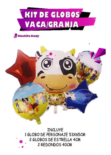 Kit Globos Forma Granja De Zenón Vaca Con Vela Topper