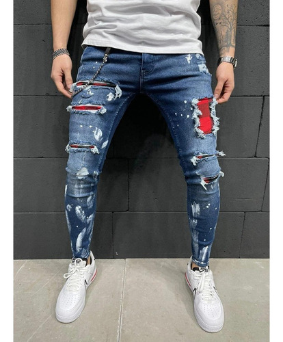 Jeans Rasgados Con Parche Elástico Para Hombre