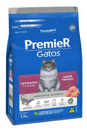 Premier Ração Gatos Castrados 7 A 11 Anos Sabor Frango 1,5kg