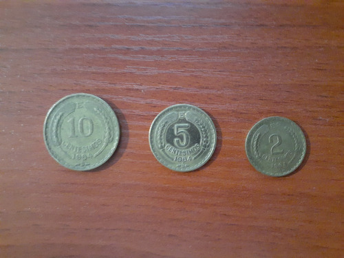 3 Monedas: 2, 5 Y 10 Centesimos Escudo Chile Año 1964