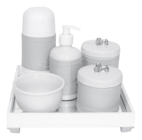 Kit Higiene Térmica Porcelanas Bebê Bandeja Passarinho Prata Cor Flor de Liz