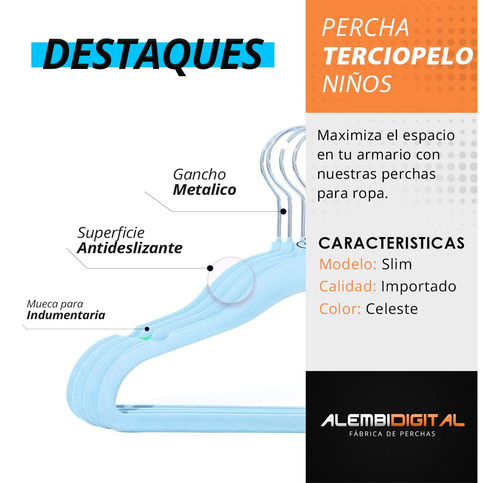 Percha Felpa Terciopelo Antideslizantes Niños X 50 Celeste