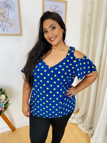 Blusa De Seda Bolinha Azul Plus