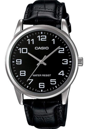 Relogio Masculino Prata Casio Pulseira Couro Preto Mtp V001l