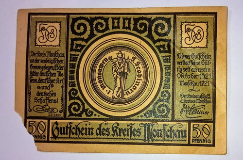 Billete Notgeld Alemania Monschau Kreis 1921 50 Pf. (Usado)
