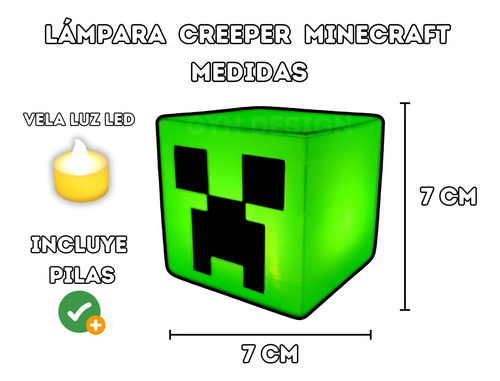 Lámpara Creeper Minecraft Vela Led Incluye Pilas Decoración Verde