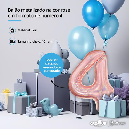 Balão Metalizado Para Festa Nº 4 Rosé Holográfico 101cm 1 Un