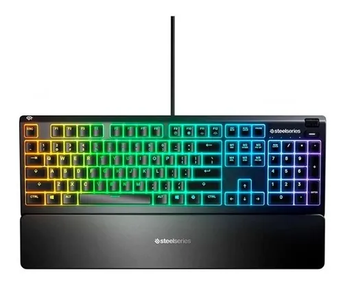 Teclado gamer SteelSeries QWERTY SteelSeries Whisper-Quiet Switch español color negro con luz RGB