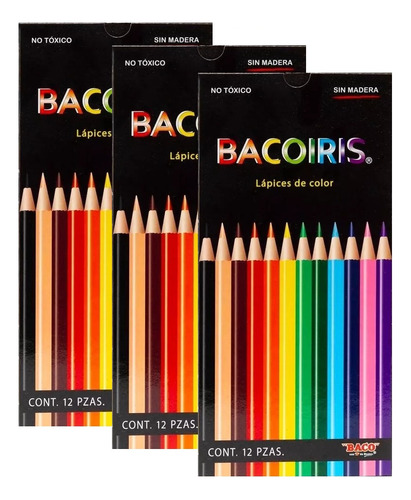 Lápices De 12 Colores Bacoiris Redondos Pack Con 3 Cajas