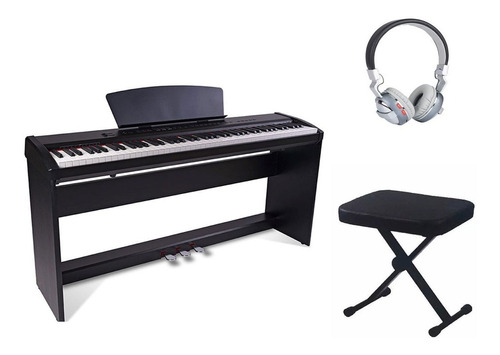 Combo Piano Electrico Parquer P9 Negro Banqueta Auriculares