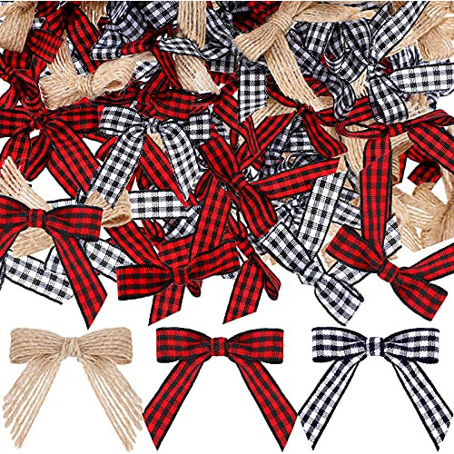 Christmas Mini Burlap Bow Buffalo Plaid Bow White And B...