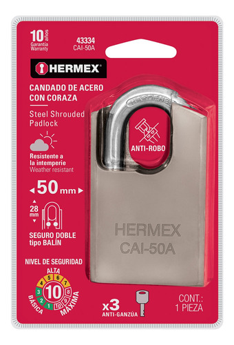 Candado De Acero, Máxima Seguridad, 50mm, Fiero 43334