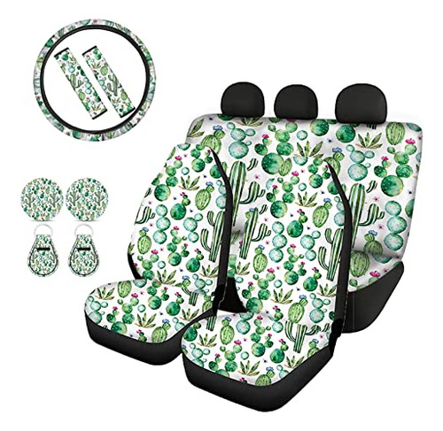 11 Pcs Green Cactus Seat Covers For Car With Steering W...
