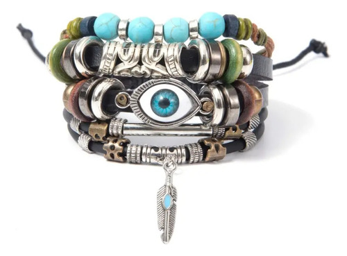 Pulsera Brazalete 5 Capas Ojo Turco Negra Colgante De Pluma