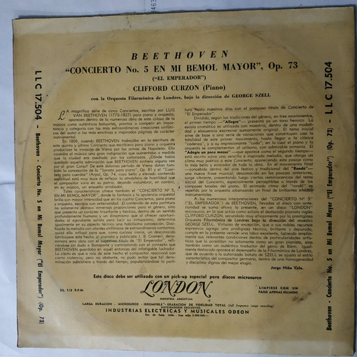 Música Disco Vinilo, Beethoven Concierto N:5en Mi Bemol Mayo (Usado)