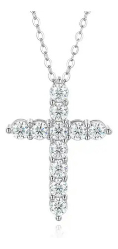 Collar Cruz Diamantes Moissanita, Plata 925, Baño Oro Blanco