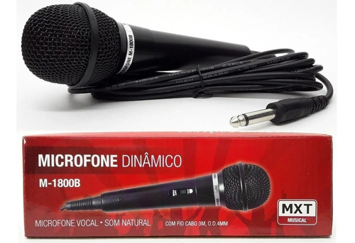 Microfone Dinâmico Vocal Karaoke Mxt M1800b Cabo 3 Metros