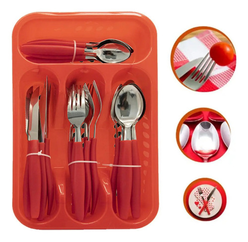 Conjunto De Talheres 24 Peças Inox Com Cabo Plástico Cor Vermelho