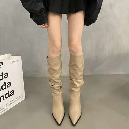 Botas Largas De Cuero Con Tacón Alto Y Punta Puntiaguda Para