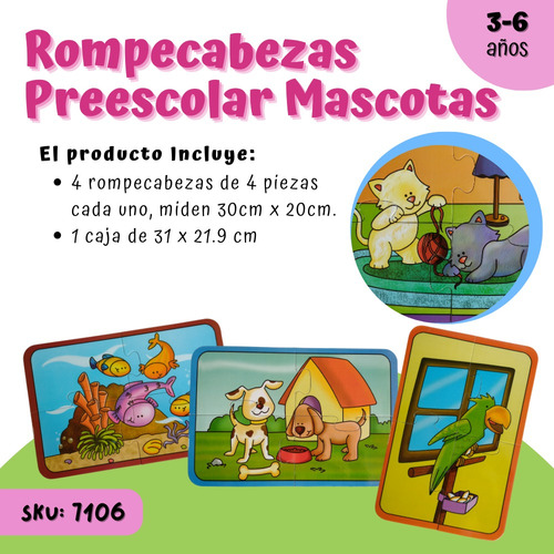 Rompecabezas Preescolar Mascotas - Material Didáctico Niños