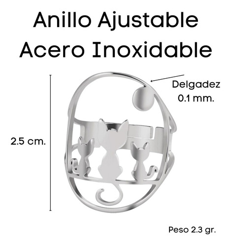 Imagen 3 de 8 de Anillo Gato Sentado Mujer Ajustable Acero Plata Minimalista