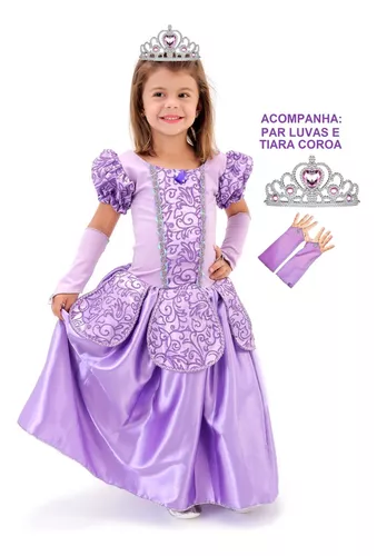 Vestido Infantil Princesa Sofia com Saiote e Luvinha Luxo - Lilás