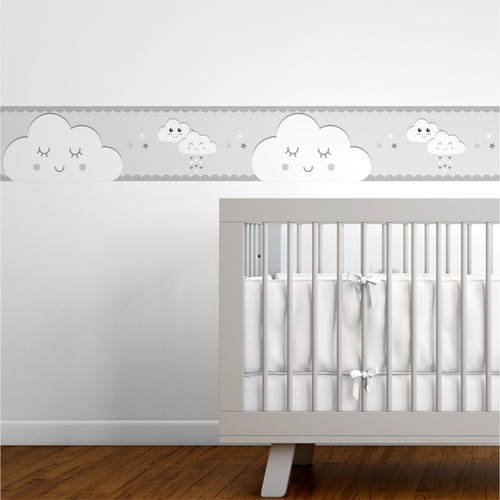 Faixa Decorativa Infantil Papel De Parede Nuvem Cinza Branco Cor Cinza e Branco