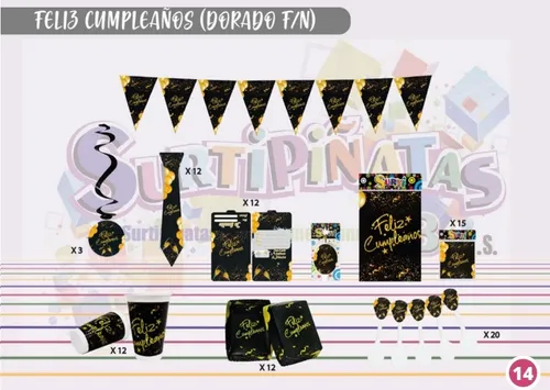 Kit Vasos+cubier+bandejas Feliz Cumpleaños Dorado F/n 24 Inv
