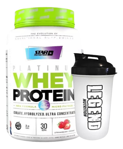 Suplemento En Polvo Star Nutrition Platinum Whey Protein 907gr Sabor Frutilla Vaso Legend 600 Ml
