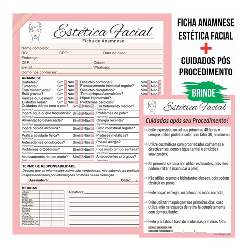 Imagem 1 de 4 de Ficha Anamnese Estética Facial + Cuidados Cliente C/100fls