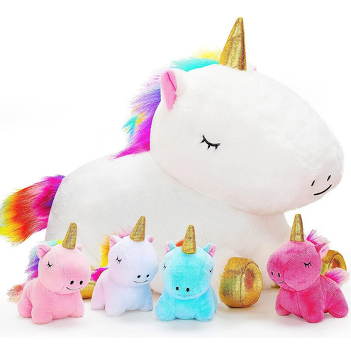 Kmuysl Peluche De Unicornio Para Niñas Y 4 Mini Unicornios