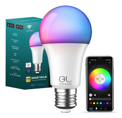 GIEVULEO Foco Wifi Inteligente Rgb Alexa Google Siri Solo 2.4G Wifi Foco LED E27 9w Control Por Voz Brillo Ajustable Smart Bulb Focos Bluetooth Inteligentes Rgbcw