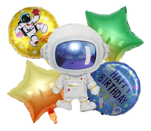 Kit 5 Globos Astronauta Feliz Cumpleaños Happy Birthday Color Multicolor