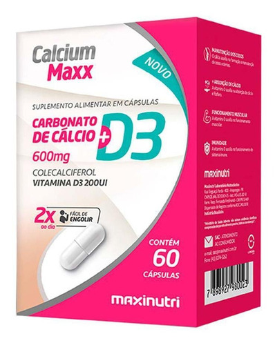Calcium Maxx Cálcio D3 600mg 60 Capsulas Maxinutri