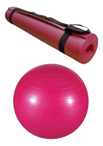 Colchonete Yoga Tapete Bola Exercicios 65 Cm Kit Com 2 Peças Cor Vermelho/Rosa