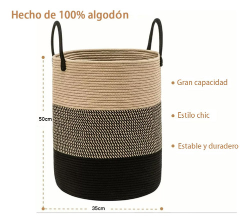 Cesto De Cuerda Tejido Con Asas 58l Beige Y Negro Multiusos