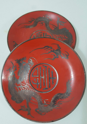 Antiguo Plato Dragón Porcelana China Sello Par Rojo Coleccio